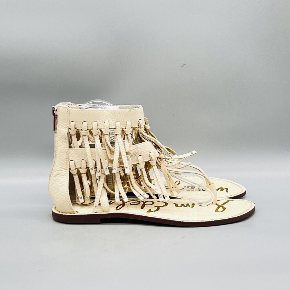 Sam Edelman Sandals Womens 8.5 White Leather Gladiator Fringe Ankle Zip Shoes